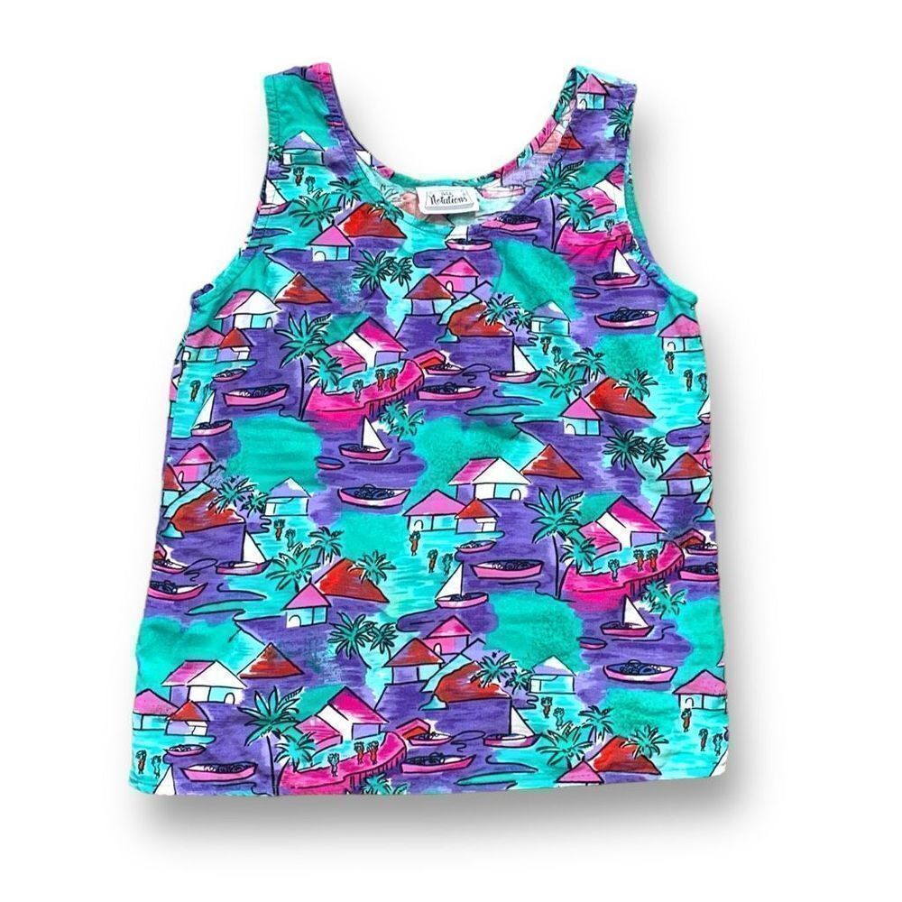 Vintage Petite Notations Tank Top Purple Pink Tropical Beach Palm Print